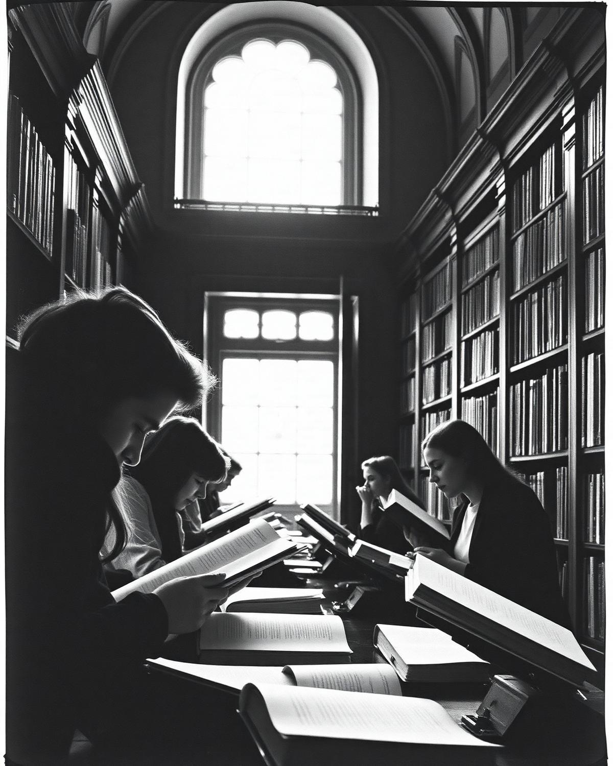 Estudantes lendo na biblioteca clássica